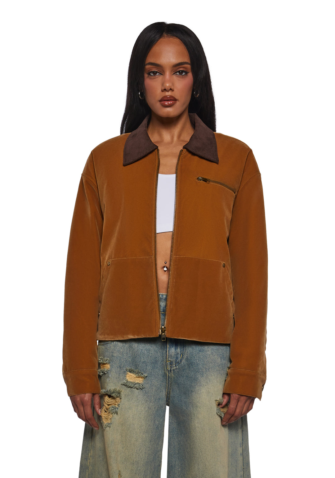 Womens Washed Faux Crop Workwear Jacket Current Mood - Brown - Image 6