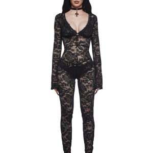 Betsey Johnson Sheer Lace Catsuit - Black