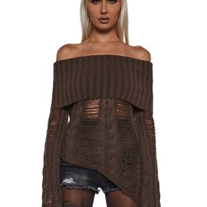 Darker Wavs Cable Knit Distressed Off The Shoulder Sweater - Brown