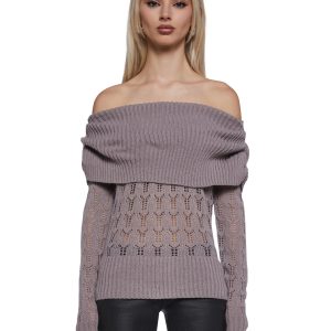 Cable Knit Off The Shoulder Top - Light Gray