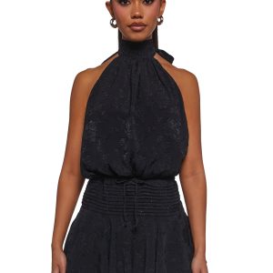 Womens Floral Embossed Halter Mini Dress - Black