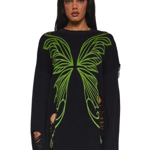 Current Mood Distressed Fairy Wing Oversized Sweater - Black