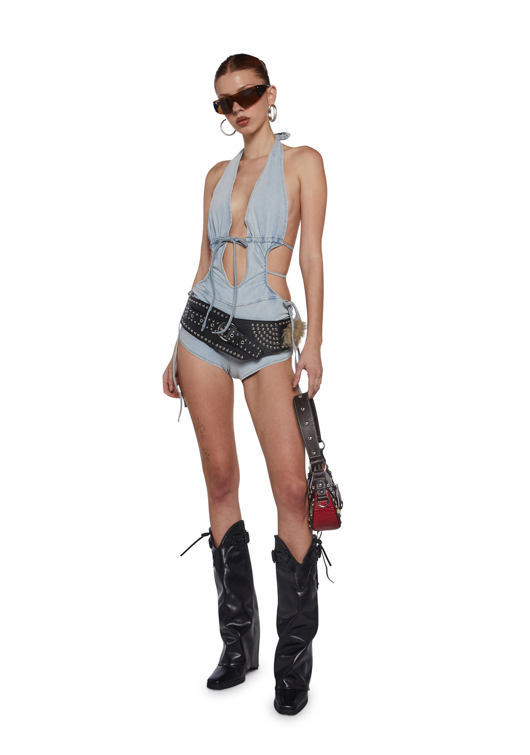 Womens Cut Out Denim Romper With Ties - Blue - Image 2