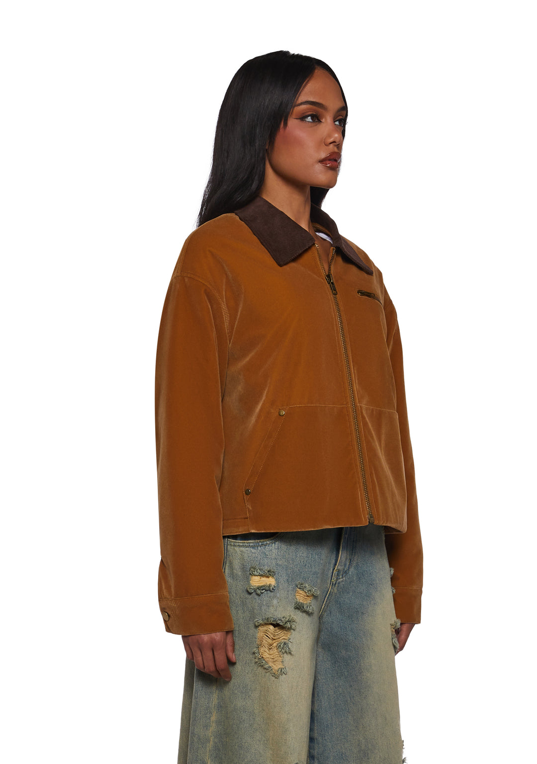 Womens Washed Faux Crop Workwear Jacket Current Mood - Brown - Image 3