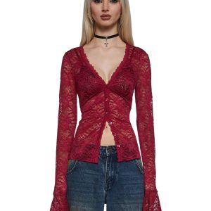 Womens Button Front Lace Top - Red