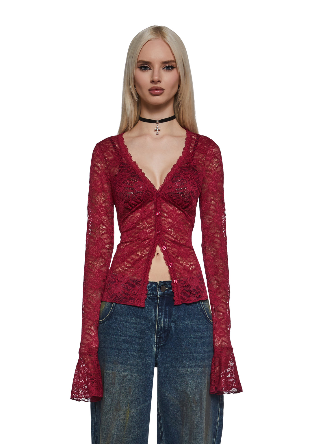 Womens Button Front Lace Top - Red