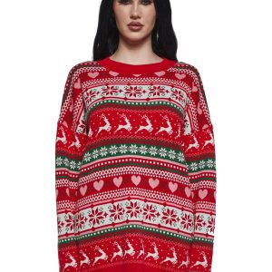 Sugar Thrillz Fair Isle Oversized Sweater- Red