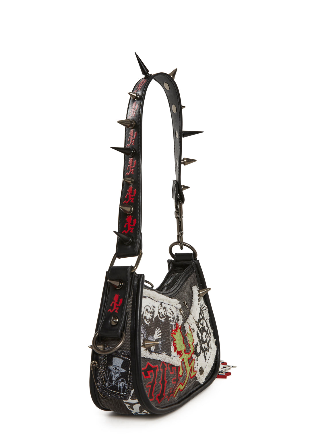 Dolls Kill x Insane Clown Posse Spiked Baguette Shoulder Bag WIth Patches - Black - Image 3