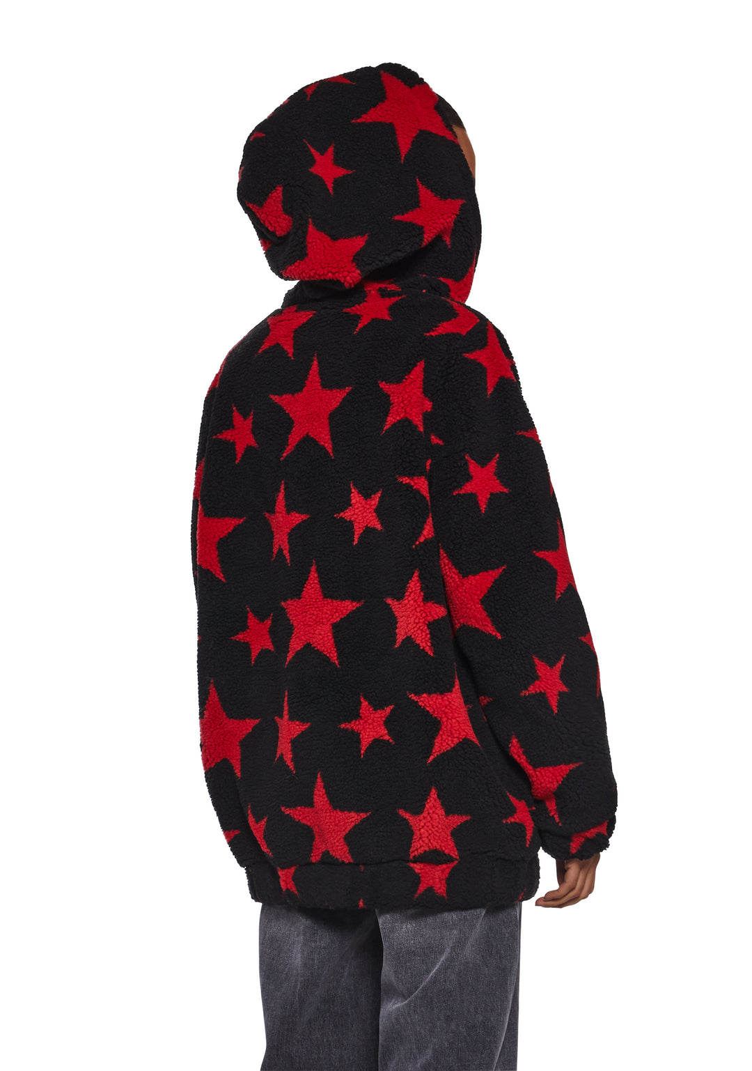 Current Mood Faux Shearling Star Teddy Hooded Sherpa Jacket - Black/Red - Image 4
