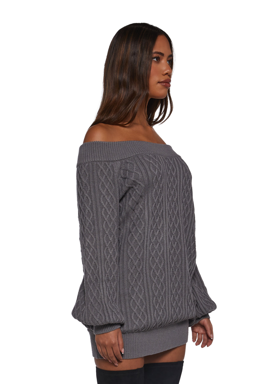 Womens Cable Knit Off The Shoulder Mini Bubble Dress Current Mood - Gray - Image 3
