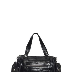 Vegan Leather Shoulde Bag With Zippers - Black