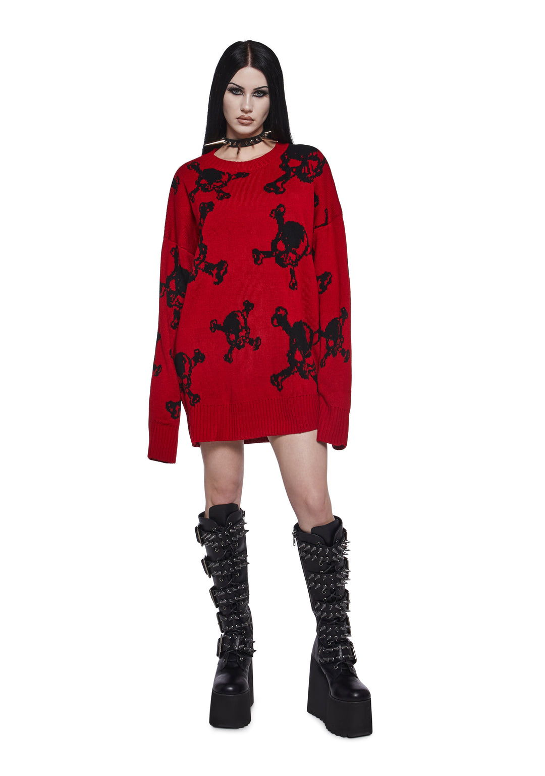 Widow Skull And Crossbones Oversized Knit Sweater - Red - Image 2