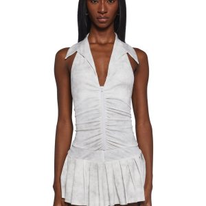 Womens Collar Halter Dress - White