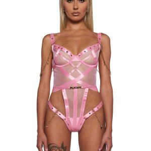 Womens Sexy Playboy Charm Teddy - Pink/Gold