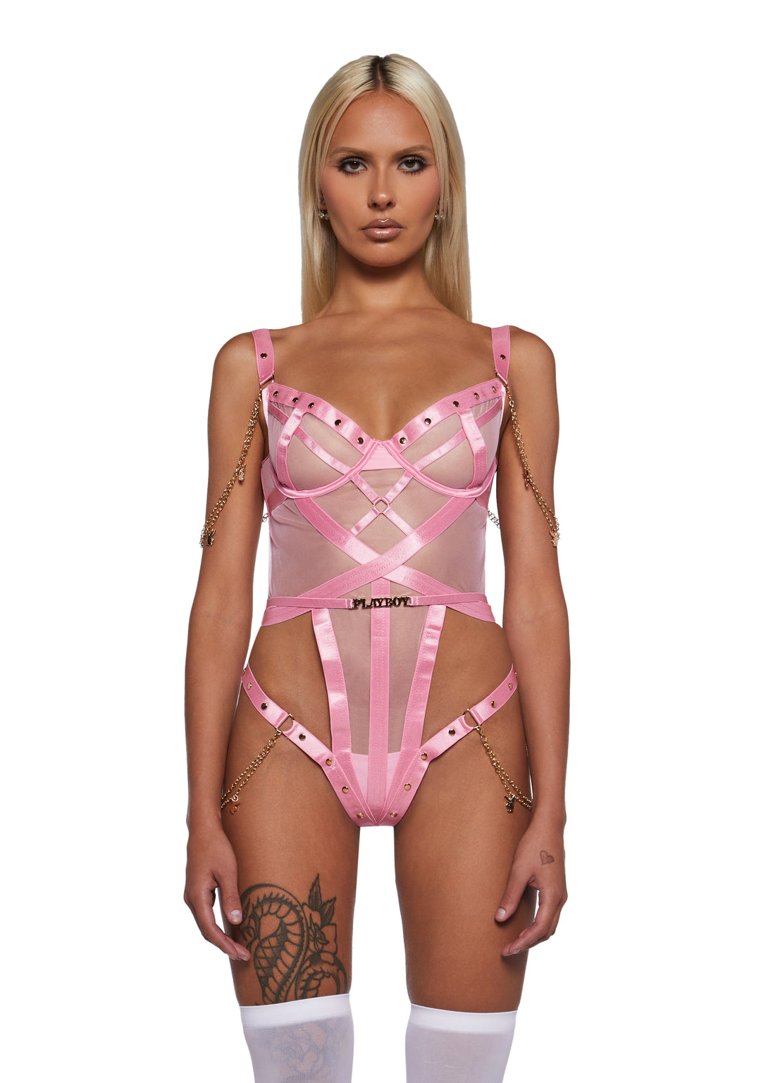 Womens Sexy Playboy Charm Teddy - Pink/Gold