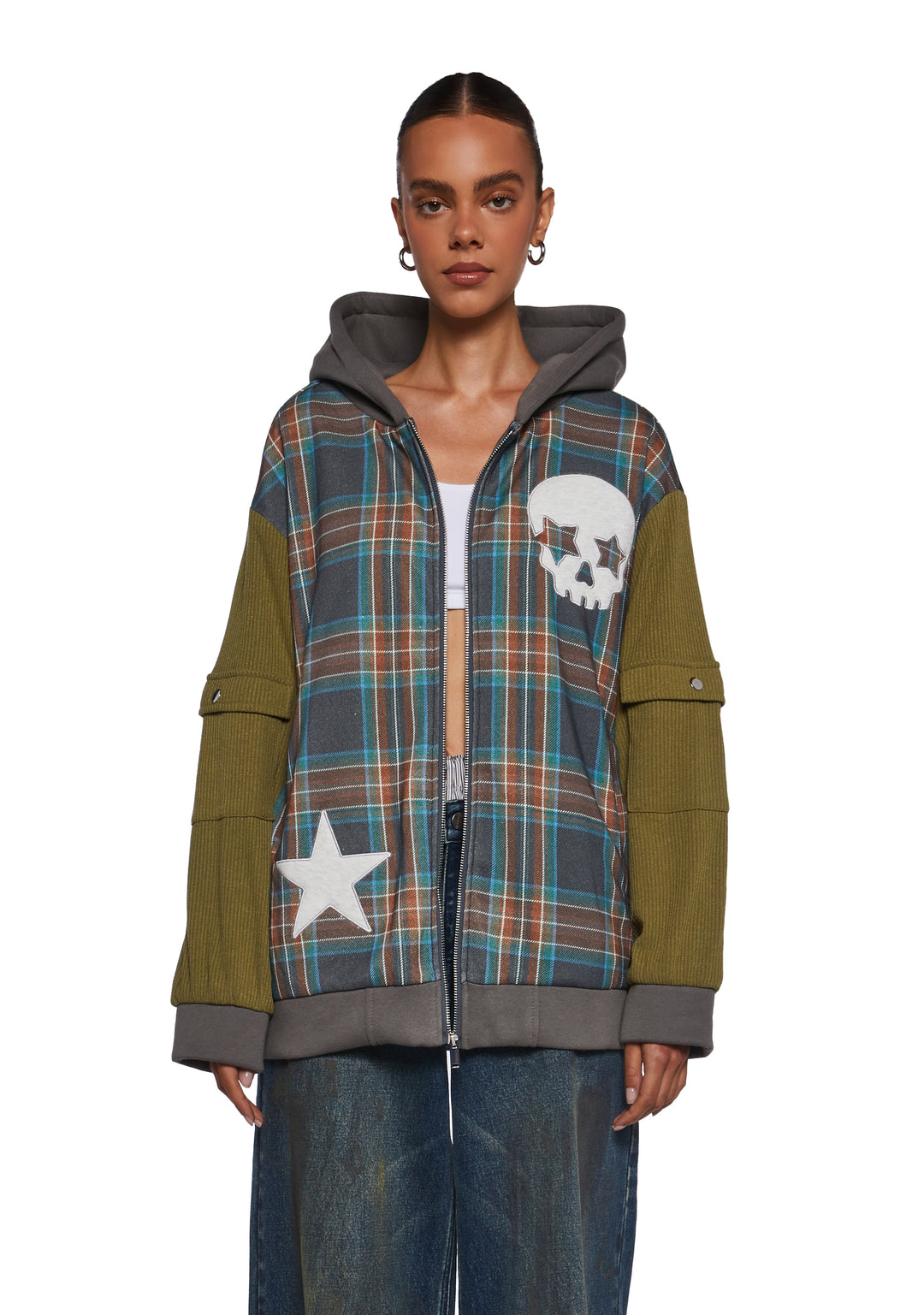 Womens Sexy Plaid Hoodie With Skull And Star Graphics 90s Y2K Current Mood - Multi - Image 7