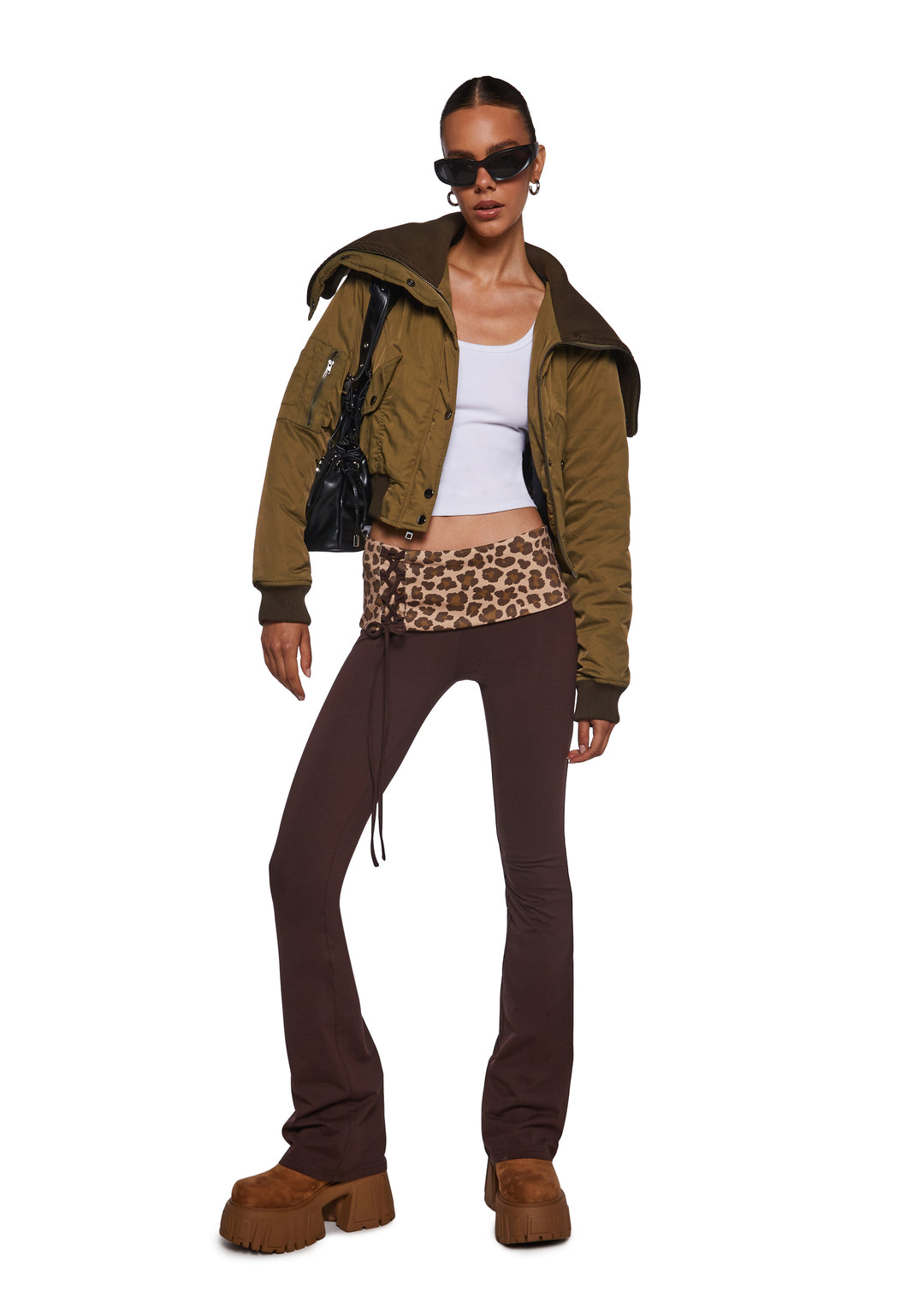 Stretchy Knit Leopard Print Lace-Up Foldover Waist Flare Pants Sugar Thrillz - Brown - Image 2