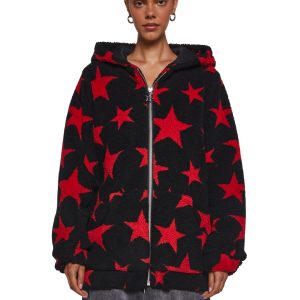 Current Mood Faux Shearling Star Teddy Hooded Sherpa Jacket - Black/Red