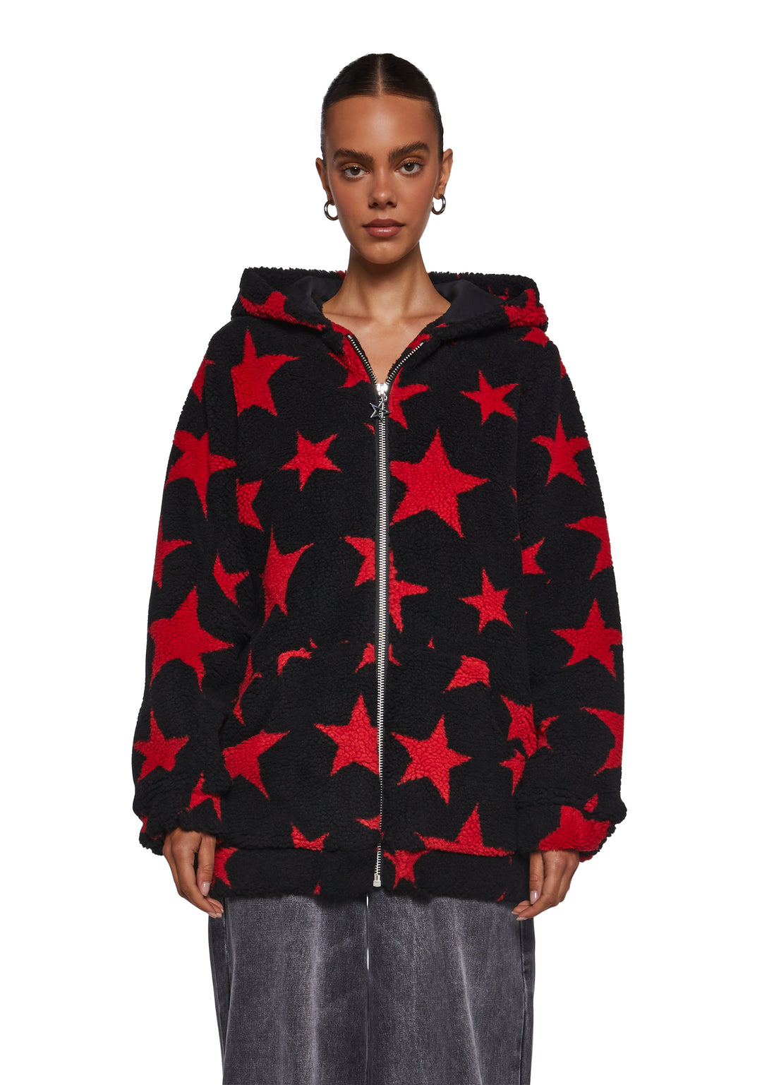 Current Mood Faux Shearling Star Teddy Hooded Sherpa Jacket - Black/Red