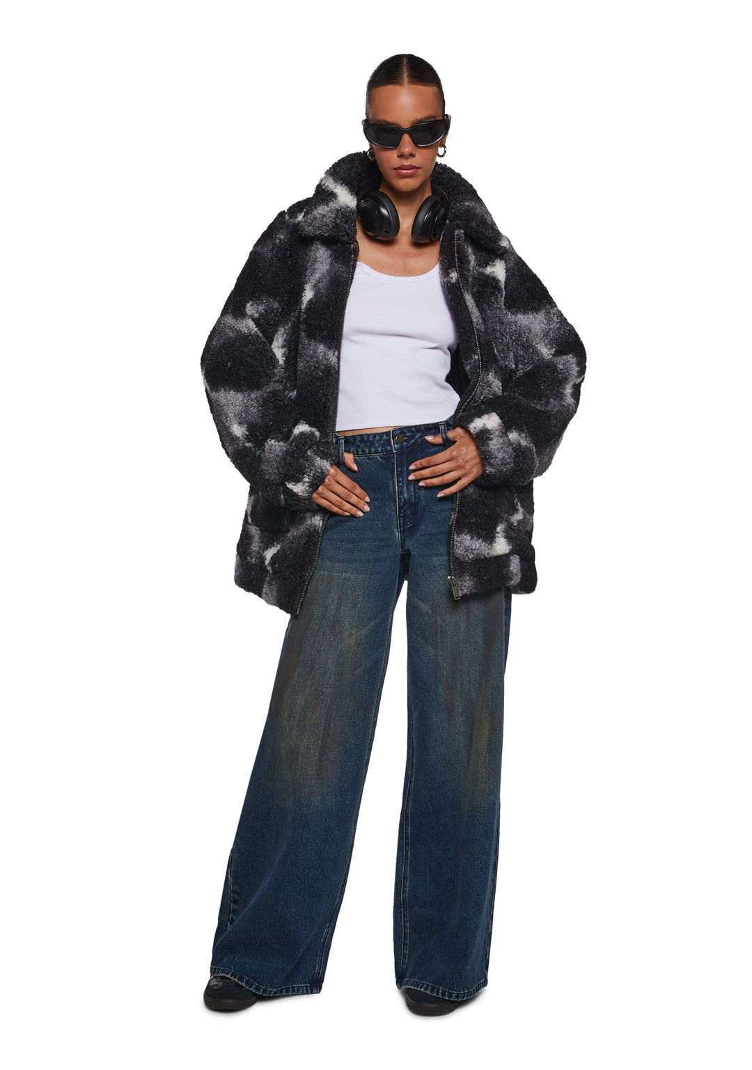 Tie Dye Print Faux Fur Sherpa Zip-Up Jacket Current Mood - Black - Image 2