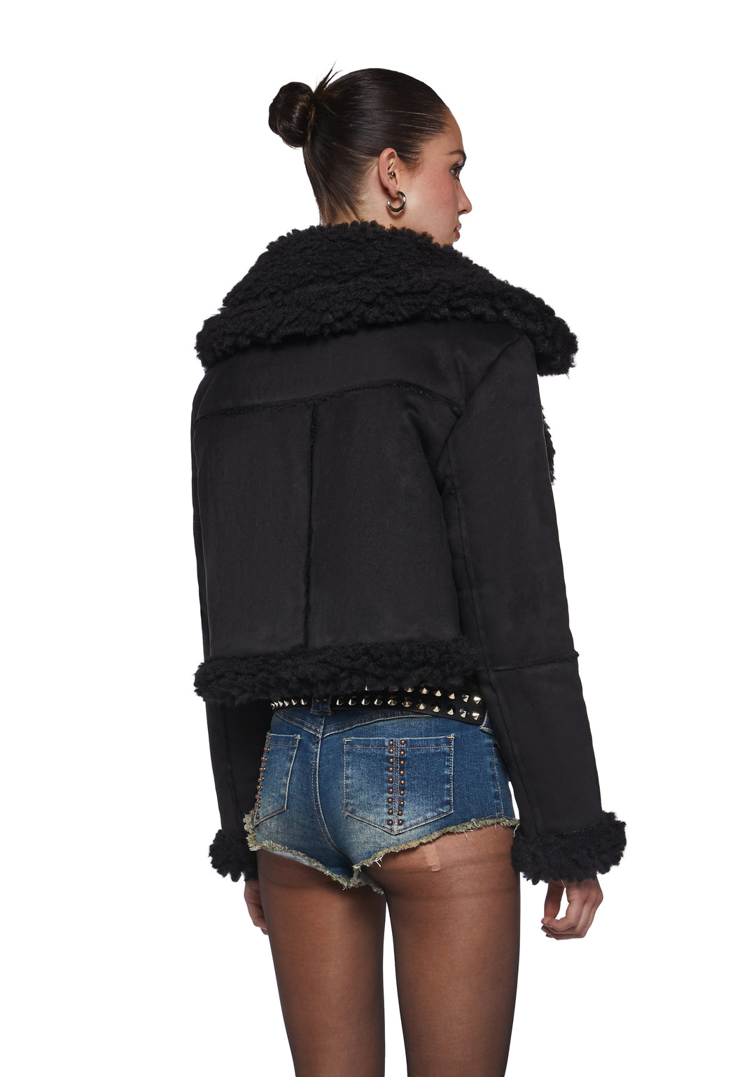 Faux Suede Sherpa Lined Cropped Coat Widow - Black - Image 4