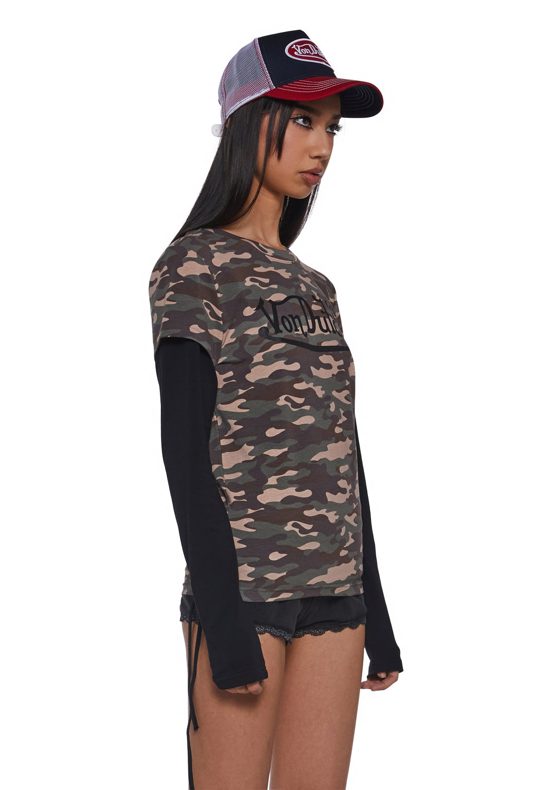 Dolls Kill x Von Dutch Camo Print Twofer Long Sleeve Tee - Green - Image 3