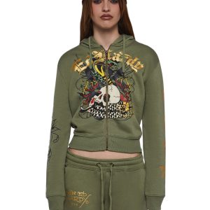 Ed Hardy Cobra Flame Zip Front Hoodie - Green