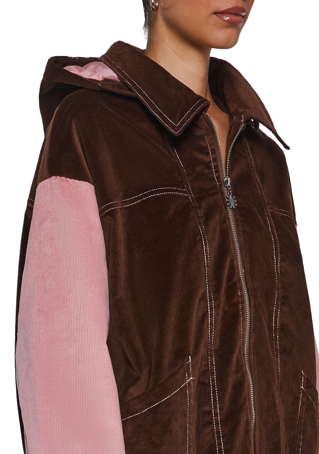 Corduroy Paneled Striped Hooded Zip-Up Jacket Delia's - Brown - Image 5