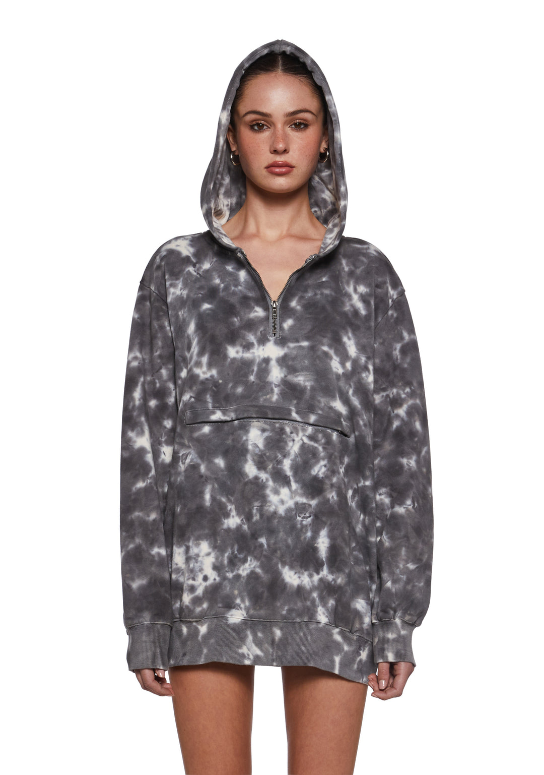 Womens Washed Tie Dye Oversized Hoodie Current Mood - Gray - Image 6