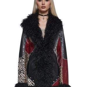 Womens Patchwork coat With Faux Fur Trim - Multi
