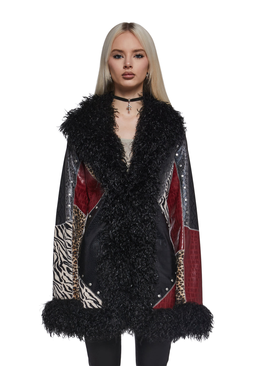 Womens Patchwork coat With Faux Fur Trim - Multi