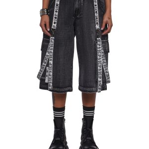 Dolls Kill x Insane Clown Posse Washed Denim Wide Leg Shorts With Twill Tape - Black