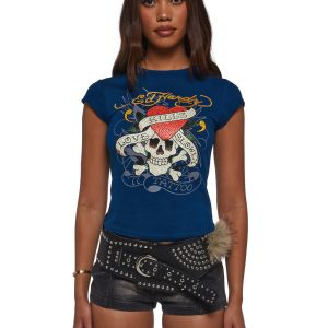 Ed Hardy LKS Skull Rhinestone Cap Sleeve Tee - Blue