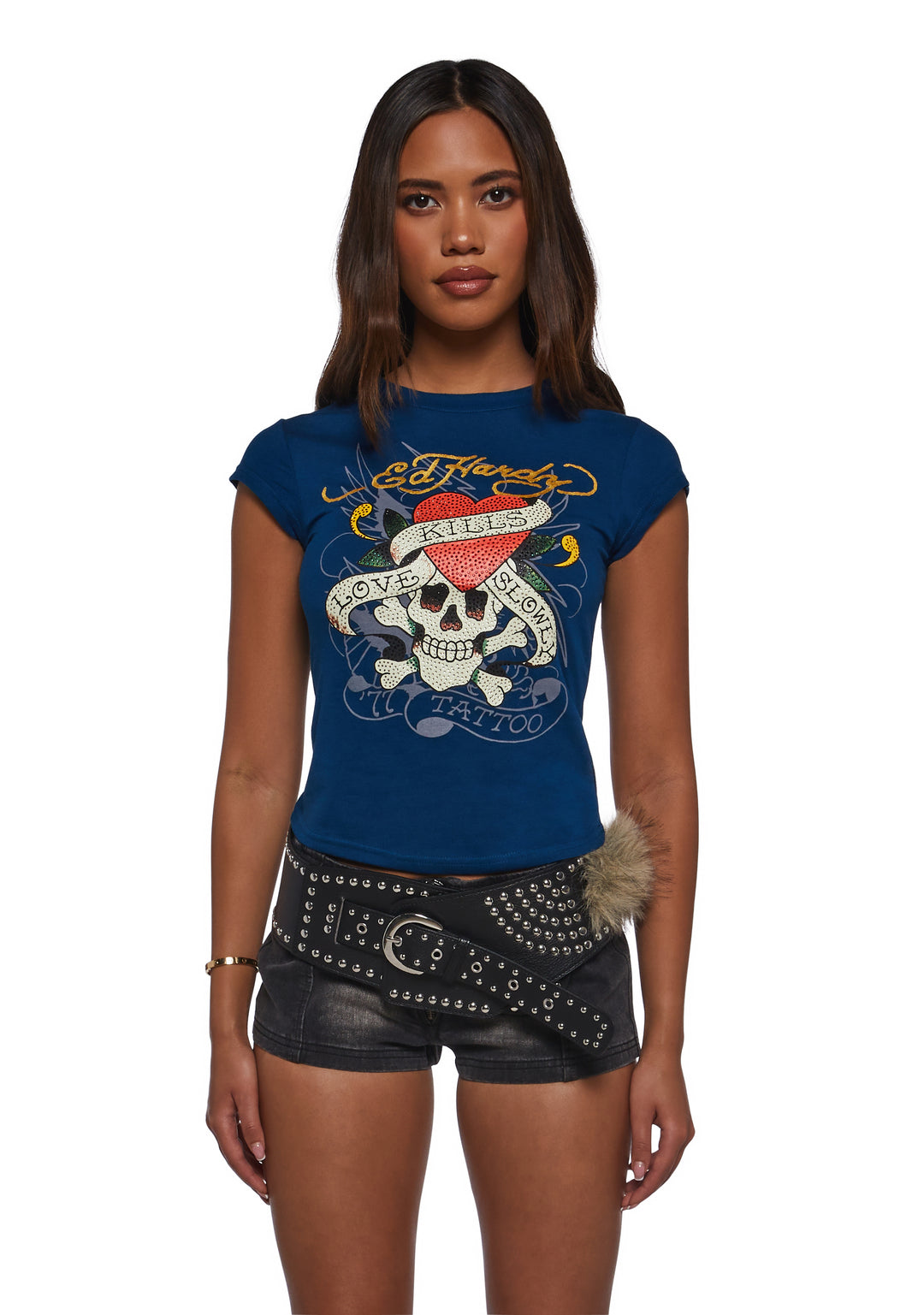 Ed Hardy LKS Skull Rhinestone Cap Sleeve Tee - Blue
