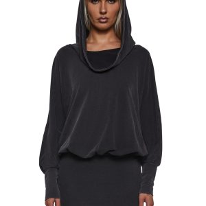 Washed French Terry Cowl Banded Mini Dress Darker Wavs - Black