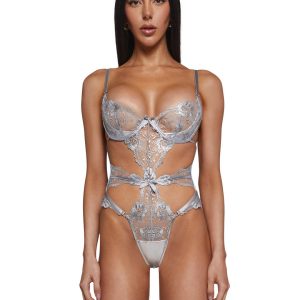 Roma Garden Of Eden Embroidered Lace Teddy With Thong - Silver
