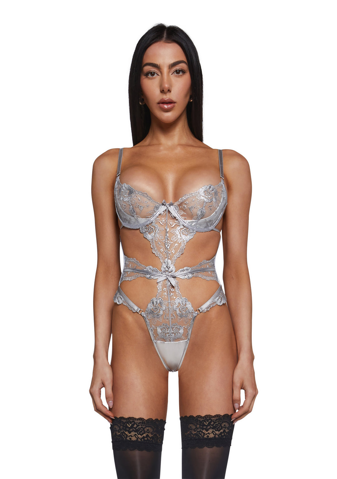 Roma Garden Of Eden Embroidered Lace Teddy With Thong - Silver
