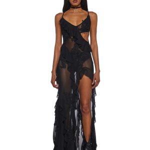 Womens Mesh Ruffled Asymmetrical Maxi Dress With Lace Appliques Current Mood - Black