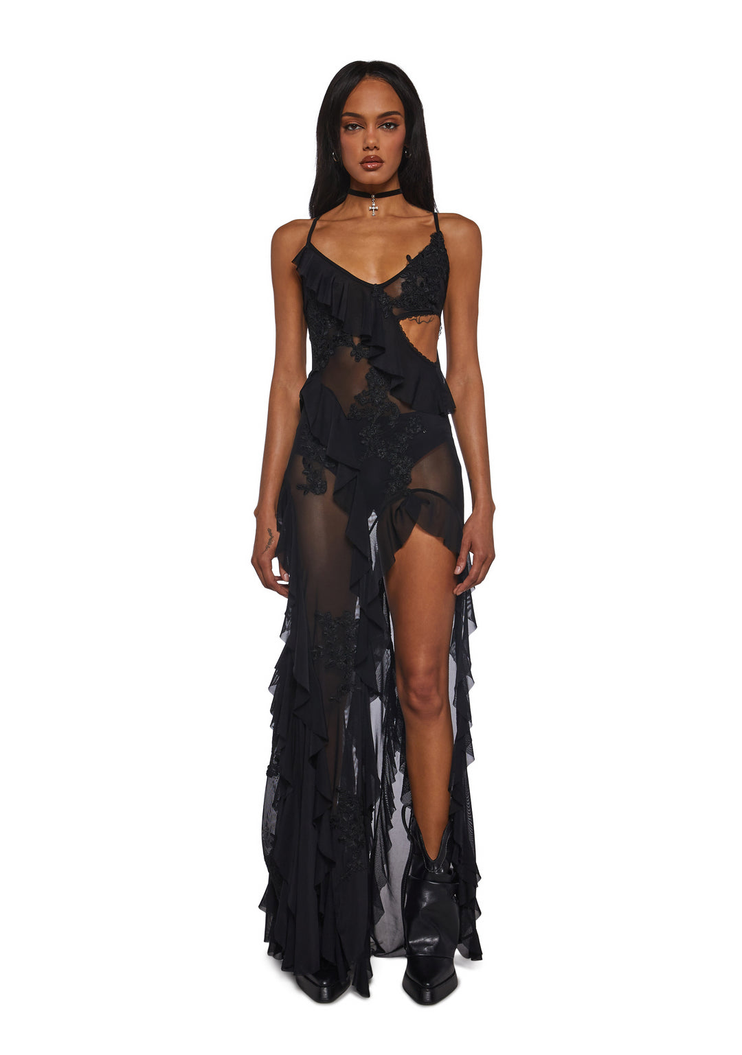 Womens Mesh Ruffled Asymmetrical Maxi Dress With Lace Appliques Current Mood - Black