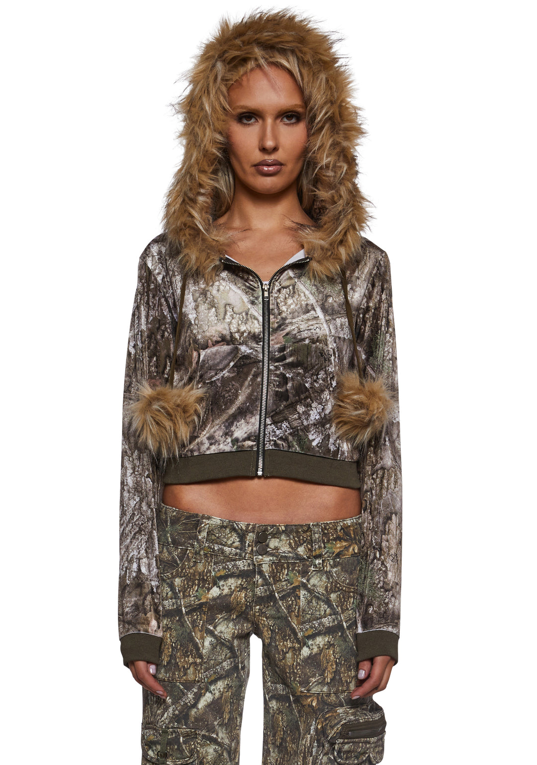 Dolls Kill x RealTree Camo Printed Velour Hoodie With Faux Fur Trim - Multi - Image 7