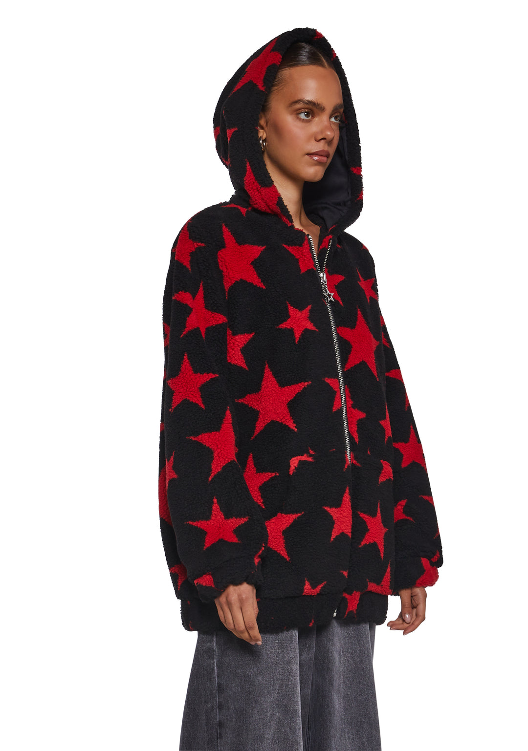 Current Mood Faux Shearling Star Teddy Hooded Sherpa Jacket - Black/Red - Image 3