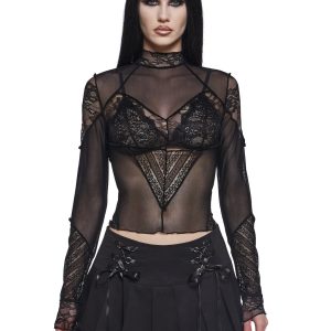 Stretchy Sheer Mesh Floral Lace Mock Neck Long Sleeve Top Widow - Black