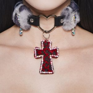 Goth Faux Fur Cross Necklace Widow - Red