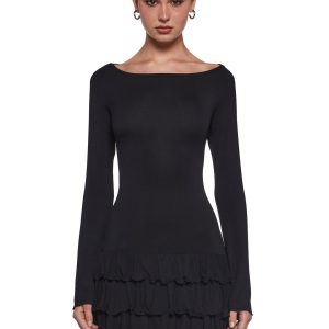 Womens Long Sleeve Ruffle Mini Dress Current Mood - Black