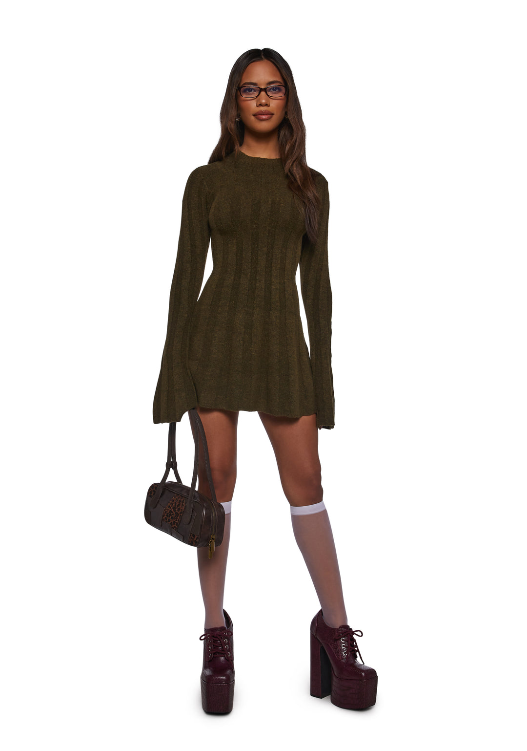 Womens Knit Ribbed Mini Dress Current Mood - Green - Image 2