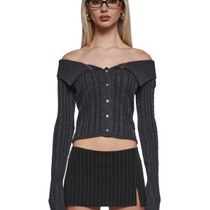 Intarsia Off The Shoulder Cardigan - Gray