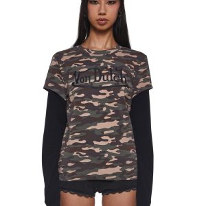 Dolls Kill x Von Dutch Camo Print Twofer Long Sleeve Tee - Green