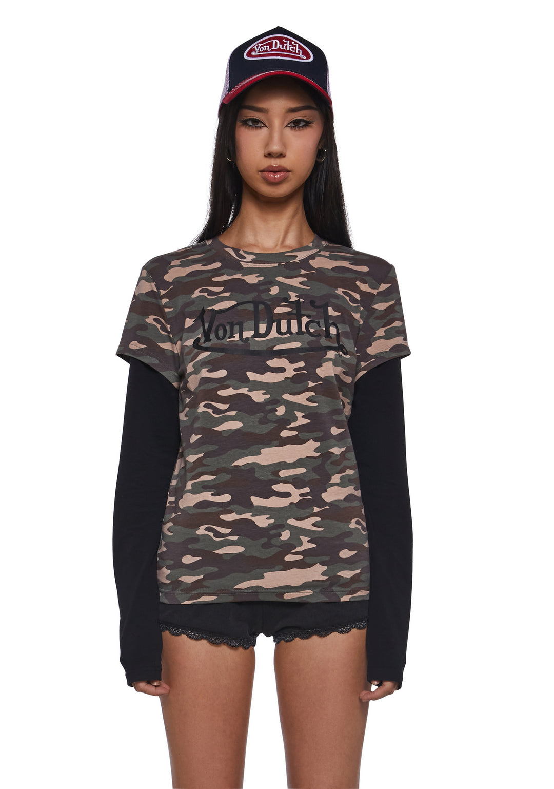 Dolls Kill x Von Dutch Camo Print Twofer Long Sleeve Tee - Green