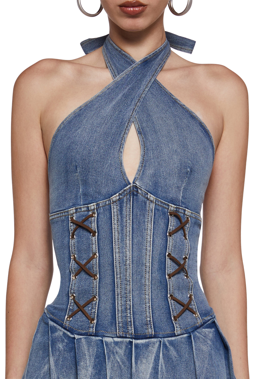 Womens Sexy Denim Halter Dress - Blue - Image 5