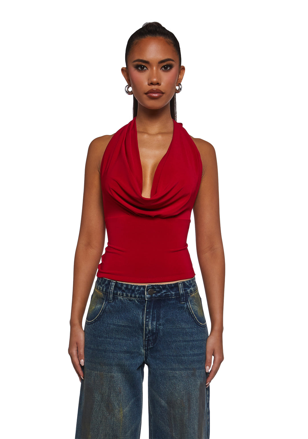 Womens Cowl Neck Top - Red